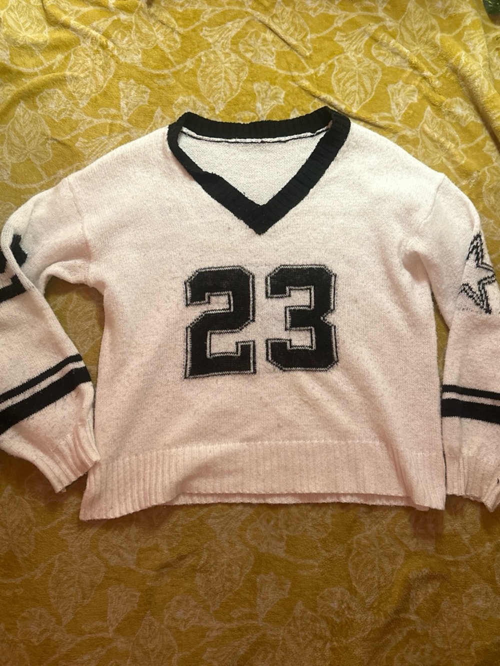 SHEIN White V-Neck Sweater with Black Trim and '23' Detail